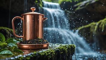 Preparing Herbal Tea with Waterfall Backdrop for a Natural Lifestyle photo
