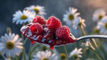 Raspberry Jam on Spoon with Dripping Syrup and Daisy Flowers photo