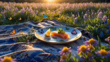 Eating Salmon Outdoors in Field of Flowers with Flying Butterflies photo