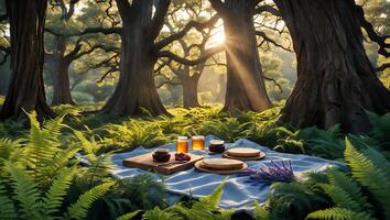 Picnic in Forest Glade with Sunlight and Food Arrangement photo