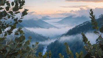 Valley View with Fog and Waterfall Seen Through Green Foliage photo