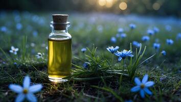 Oil Bottle Displayed in a Field of Blue Wildflowers on Grass photo