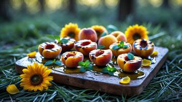 Grilled Peaches on Wooden Board with Sunflowers Outdoor Still Life photo
