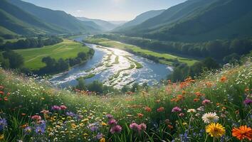 River Valley Vista with Wildflowers and Rolling Green Hills View photo