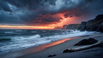 Dramatic Seascape with Lightning at Sunset Over Rocky Cliffs photo