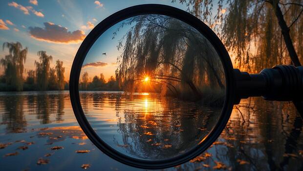 Examining Nature Through Magnifying Glass at Sunset Reflecting on Lake photo