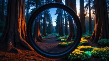 Exploring Redwood Forest Path Through a Unique Circular Frame Perspective photo