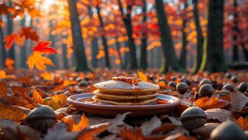 Pancake Stack with Syrup in Autumn Forest Leaf Setting photo