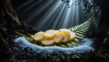 Lemon Slices with Fern and Salt in a Dramatic Lighting Setting photo