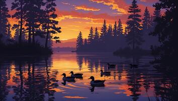 Ducks Swimming in Lake at Sunset with Forest Reflection Scenery photo