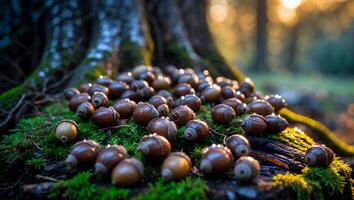 Gathering Acorns at Tree Base in Forest During Autumn photo