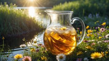 Pitcher with Iced Tea Surrounded by Wildflowers Near Flowing Stream photo