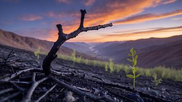 Sprout Growing on Burned Hillside at Sunset Featuring Hope photo