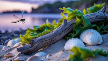 Dragonfly Flying Near Seashells and Driftwood on a Sandy Beach photo