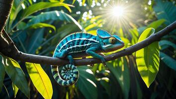 Chameleon Resting on Branch in Lush Tropical Jungle Setting photo