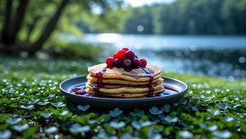Pancake Stack with Berry Topping and Syrup by Lakeside on Clover photo