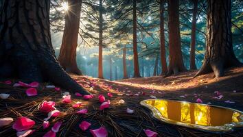 Forest Floor with Rose Petals and Gold Mirror Reflection of Sunlight photo