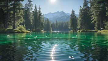 Lake Ripples Sparkling in Sunlight Surrounded by Evergreen Trees and Mountains photo