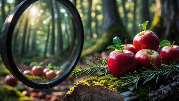 Red Apples on Log in Forest with Sunlight Reflected in Lens photo