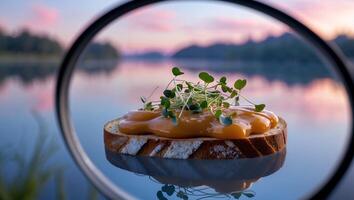 Toasted Bread with Sauce and Sprouts at Sunset Lake photo