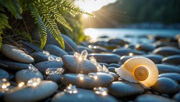 Shell and Crystals on River Rocks at Sunset with Fern Fronds photo
