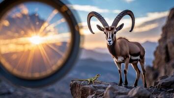 Contrasting Wildlife Ibex Standing Near Lizard with Sunset Through Wheel photo