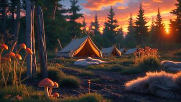 Camping Tents at Sunset Surrounded by Nature and Mushroom Patches photo