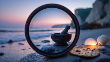 Mortar and Pestle on Beach Rock at Sunset Creating Peaceful Scene photo