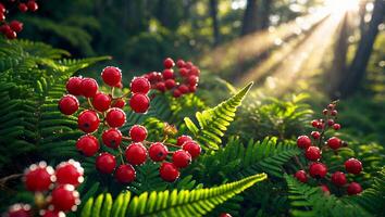 Red Berries and Ferns in Forest with Sunlight Streaming Through Trees photo