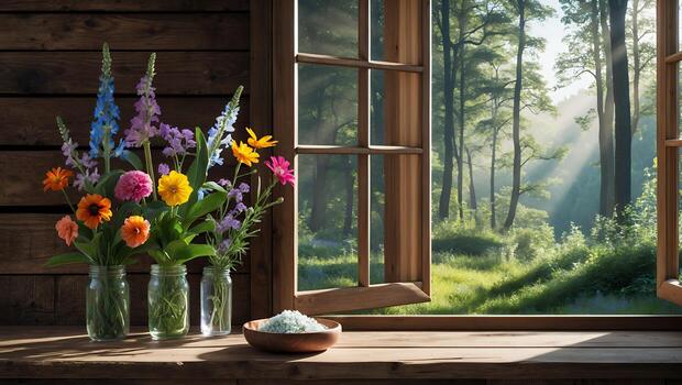 Flowers in Jars Near Open Window with Forest View photo