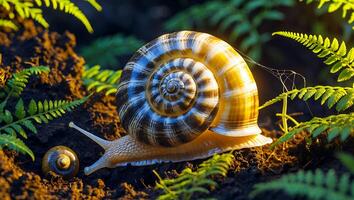 Snail Crawling on Soil Among Ferns with Small Snail Nearby photo