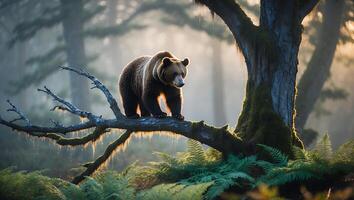 Standing Bear on Branch Looking Alert in Foggy Forest Setting photo