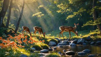 Deer Grazing Near Forest Stream with Sun Rays and Mushrooms photo