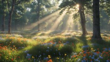Sunlight Streaming Through Forest Trees Illuminating a Field of Flowers photo