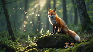Fox Sitting on Rock in Forest with Sun Rays and Bokeh photo