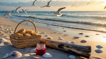Beach Picnic with Cookies and Jam, Seagulls Soaring Above Ocean Waves photo