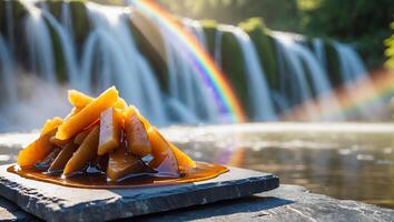 Caramelized Fruit Pieces Stacked at Scenic Waterfall with a Rainbow photo