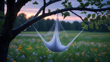 Hanging Hammock Under a Tree in a Field at Dusk photo