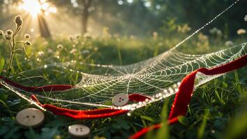 Spiderweb Dewdrops on Grass with Buttons and Red Ribbon photo