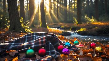 Festive Forest Picnic with Blanket and Shiny Christmas Ornaments photo