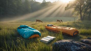 Sleeping Bags Relaxing in Nature at Sunrise with Wild Deer photo