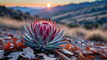 Protea Flower Blooming at Sunset with Mountain View and Autumn Leaves photo