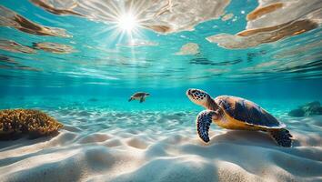 Sea Turtle Swimming in Clear Ocean Water Over Sandy Seabed photo
