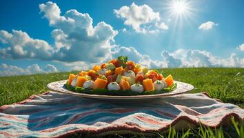 Fresh Salad Plate on Blanket in a Sunny Meadow Setting photo