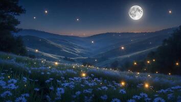 Night Meadow Landscape with Full Moon, Stars, and Fireflies photo