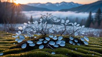 Plant with Dewdrops on Mossy Hillside Against Mountain Scenery photo