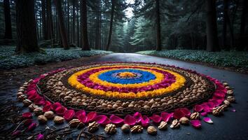 Creating Circle Art with Flowers and Nuts on Forest Road photo