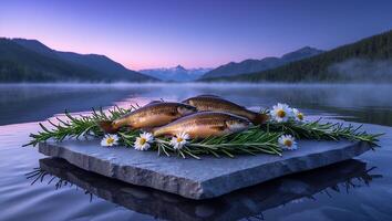 Fresh Fish Displayed with Rosemary and Daisies by Lake at Sunset photo