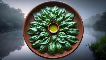 Arrangement of Green Basil Leaves on a Plate with Oil photo