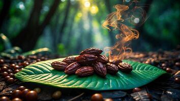 Pile of Brown Seeds on Green Leaf with Smoke in Forest photo